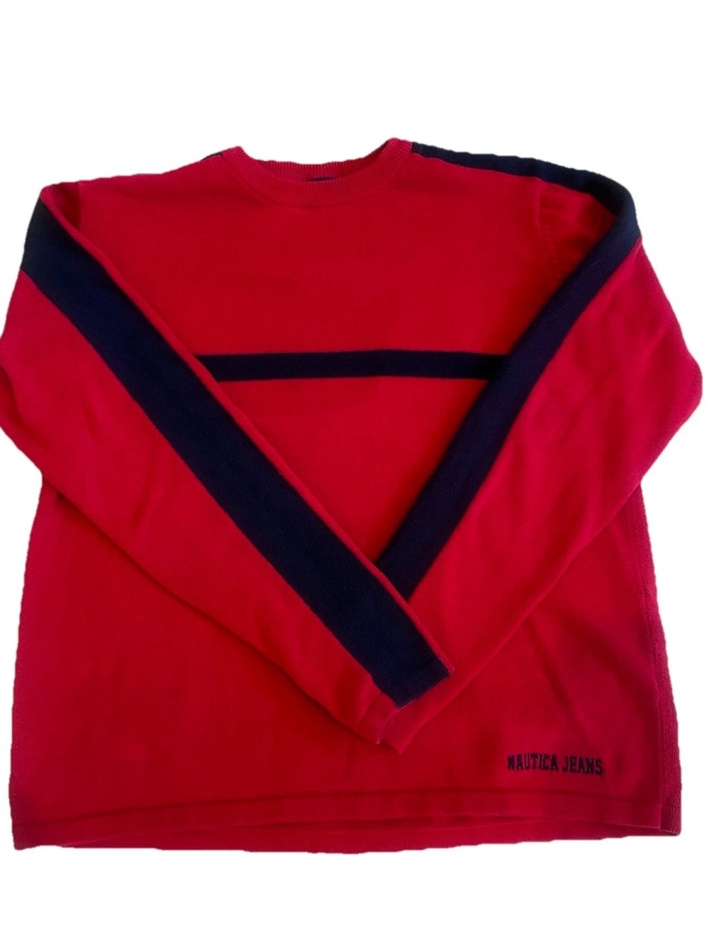 Nautica Jeans Co. Men's Red Crewneck Knit Sweater Size Medium 100% Cotton EUC